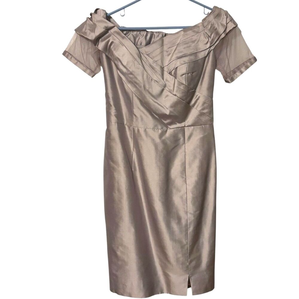 NWT Marisa Baratelli 100% Thai Silk Off Shoulder Dress Taupe Size 6 Formal